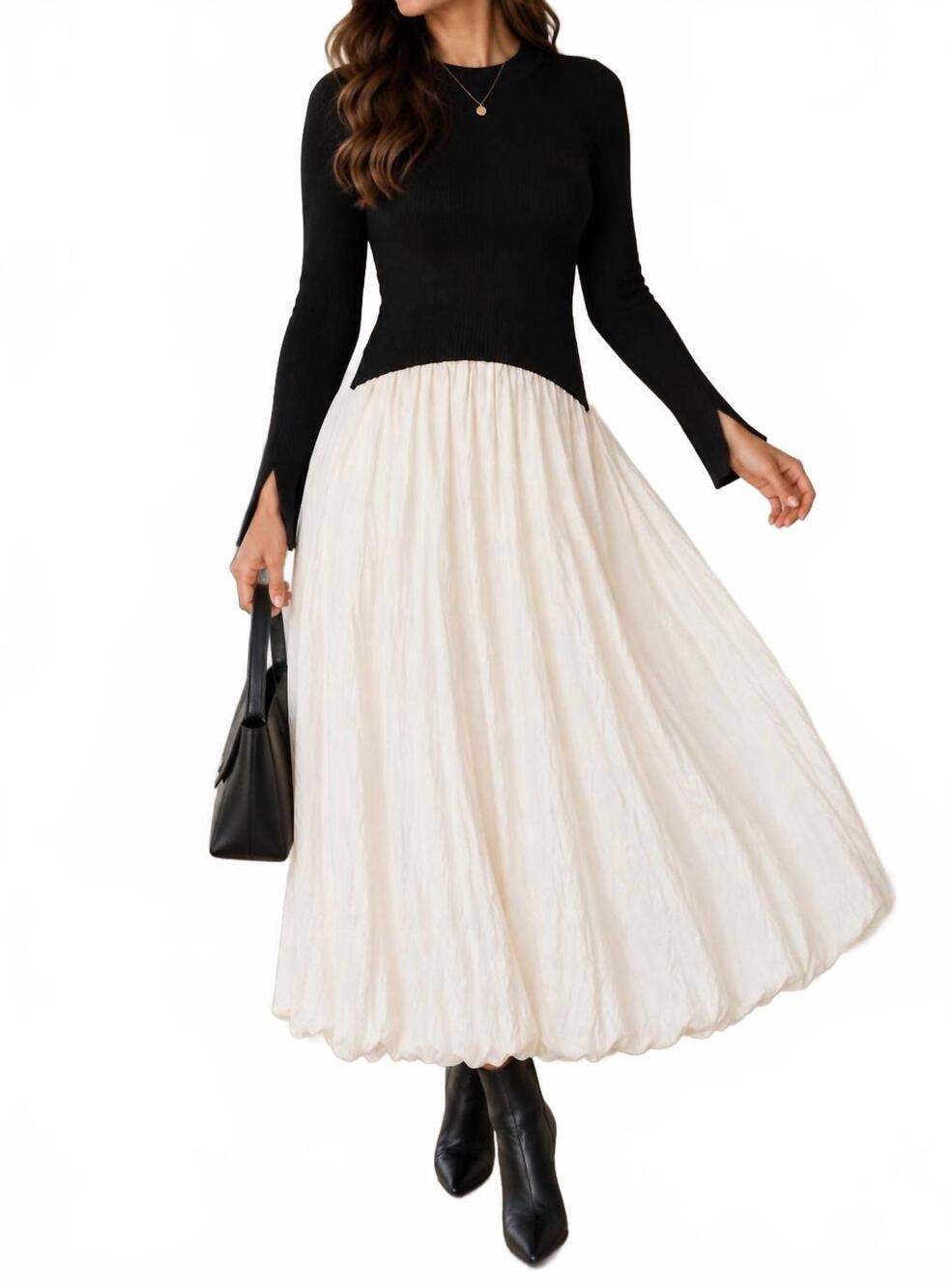 NEW HEYSON colorblock textured midi dress in black/cream